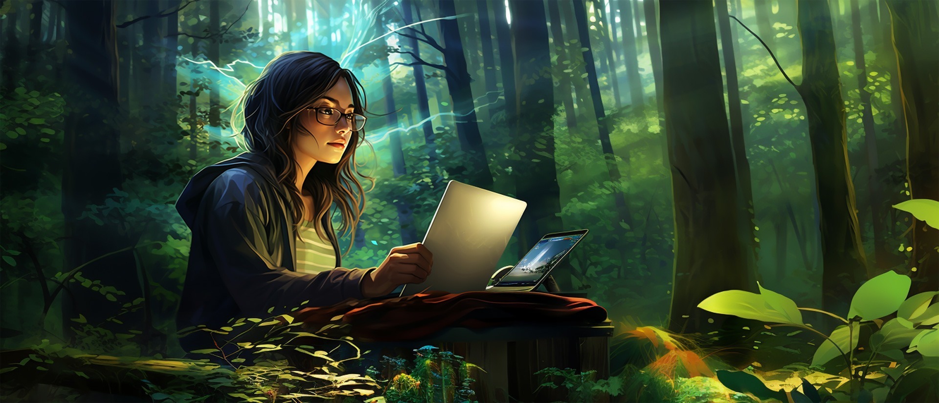 cartoon of woman sitting at computer in woods