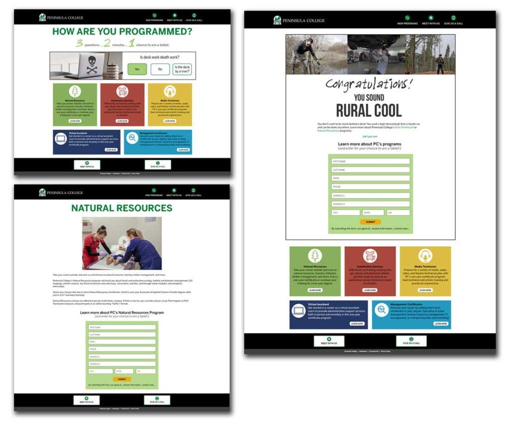 peninsula college fall campaign - three website mockups