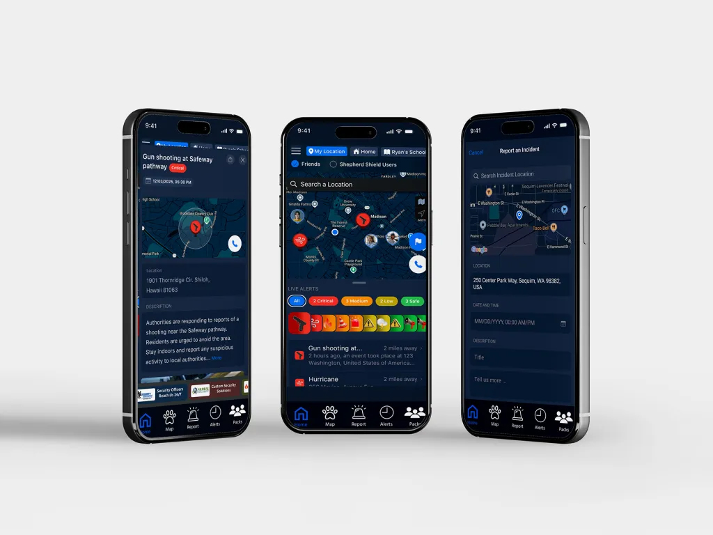 three phones showing screenshots of Shepherd Shield mobile app